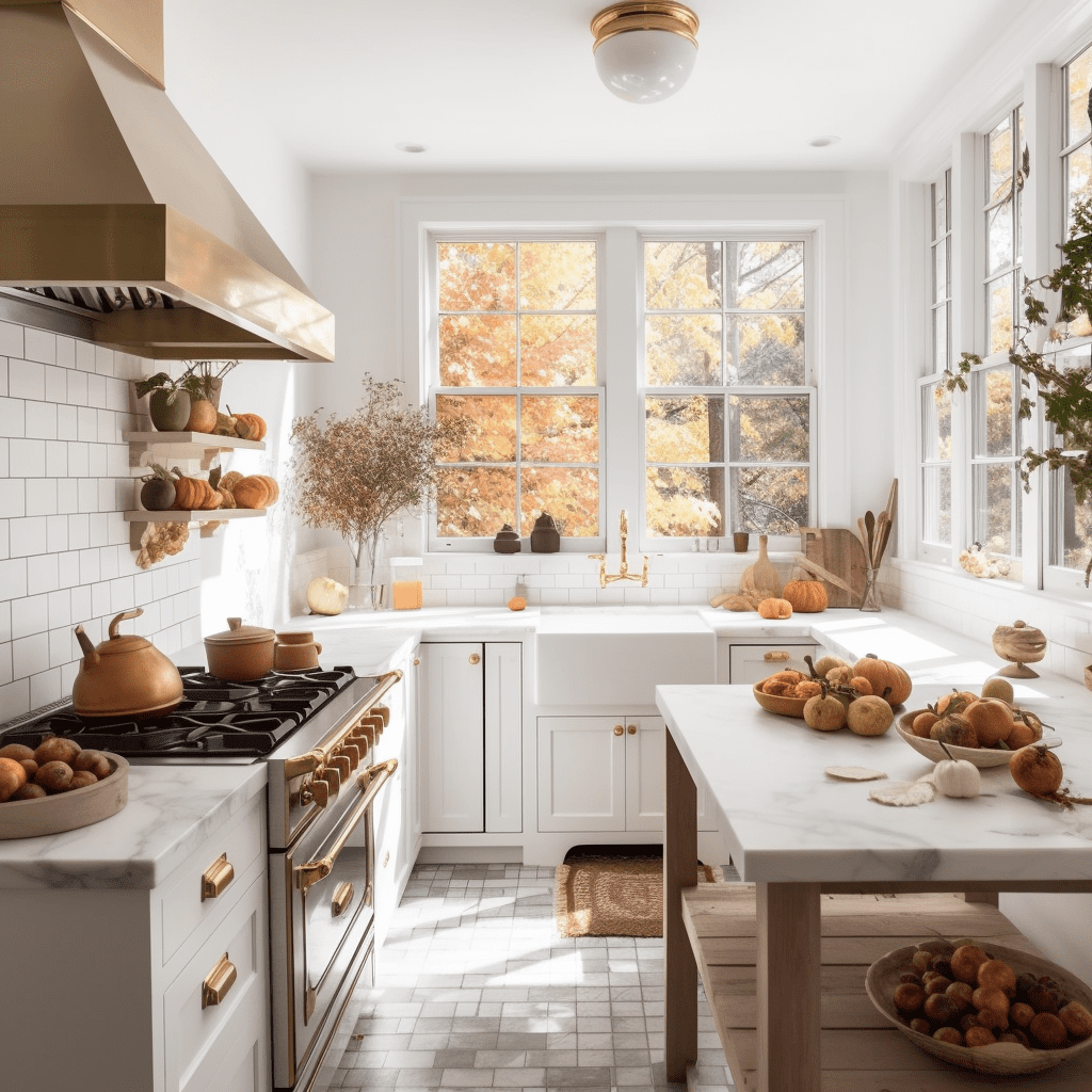 A beautiful white farmhouse kitchen decorated with citrus fruits and pumpkins for fall.