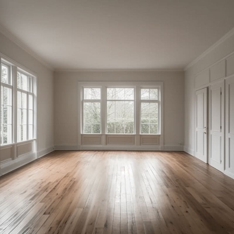 An empty dining room with white walls and wood floors.