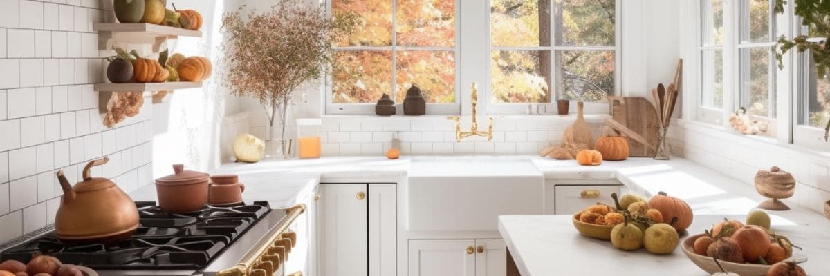 A beautiful white farmhouse kitchen decorated with pumpkins and citrus fruits for fall