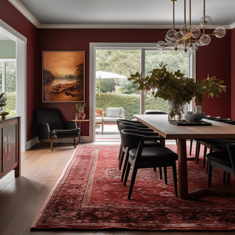 Dark red dining room with red traditional rug, wood dining table, brass and glass chandelier, and black chair in the corner.
