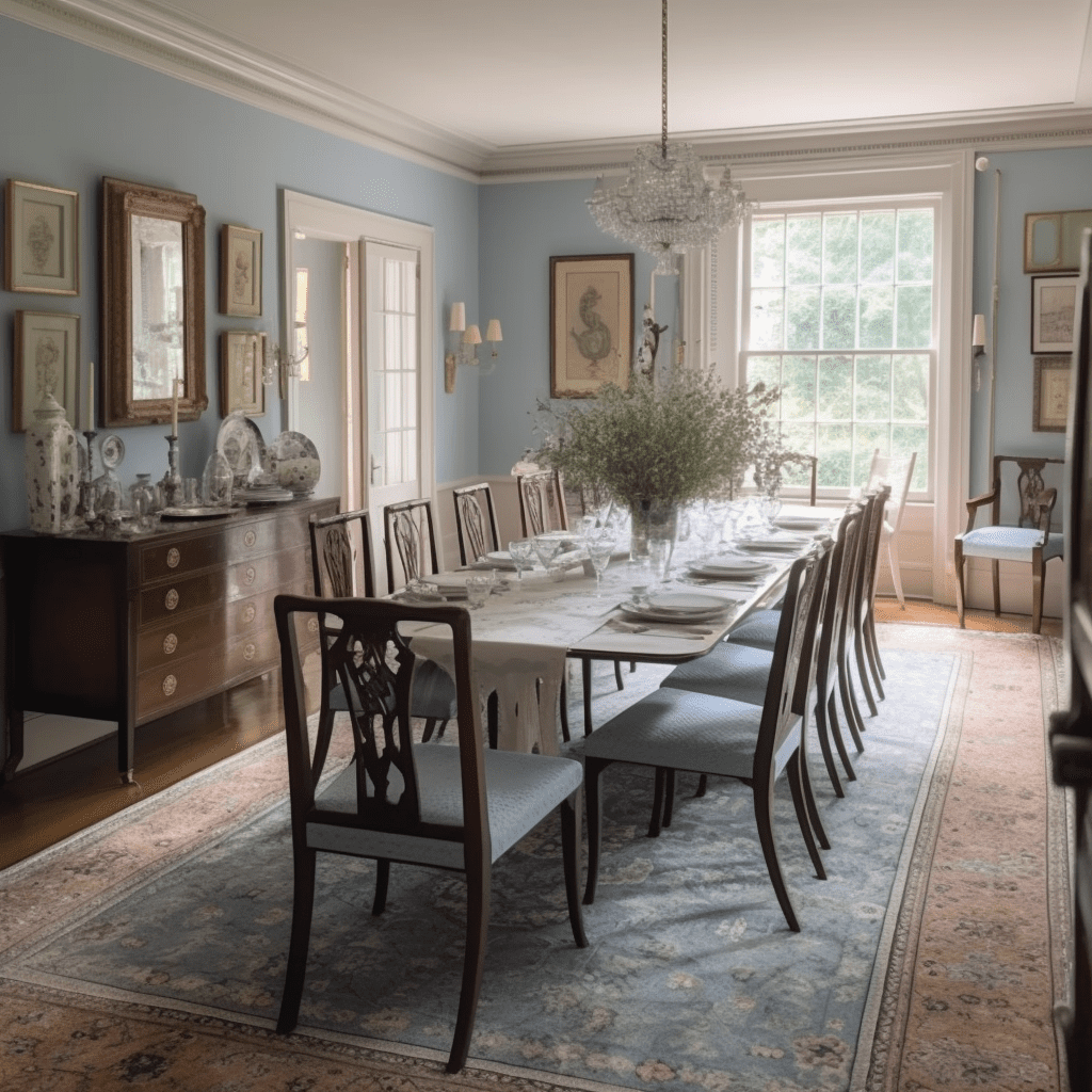 Light Blue dining room with a traditional dining room table and chairs.