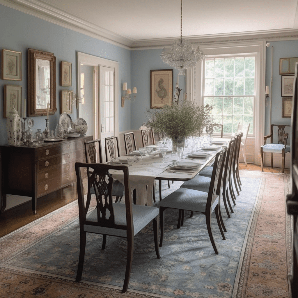 traditional blue dining room with wood table and crystal chandelier