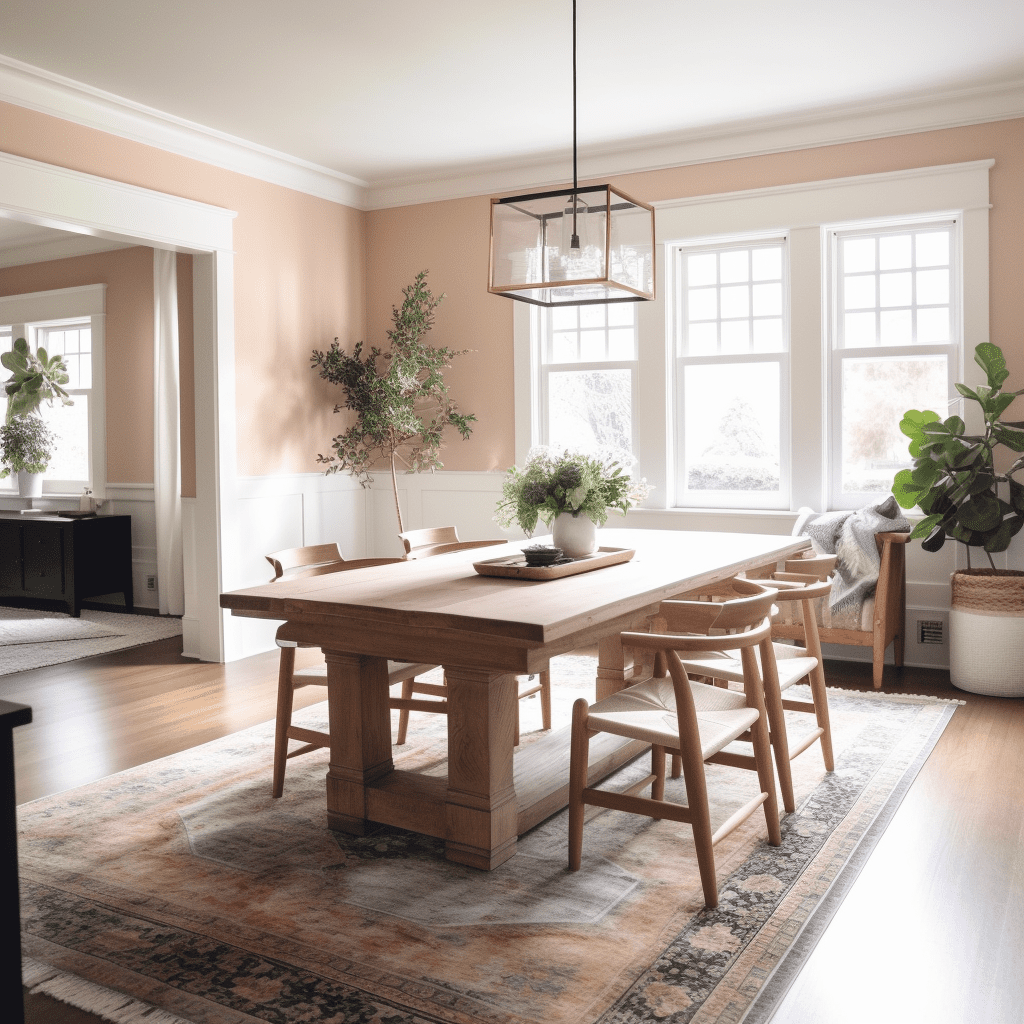 Peach colored dining room with dining room table, chairs, traditional rug, and brass chandelier
