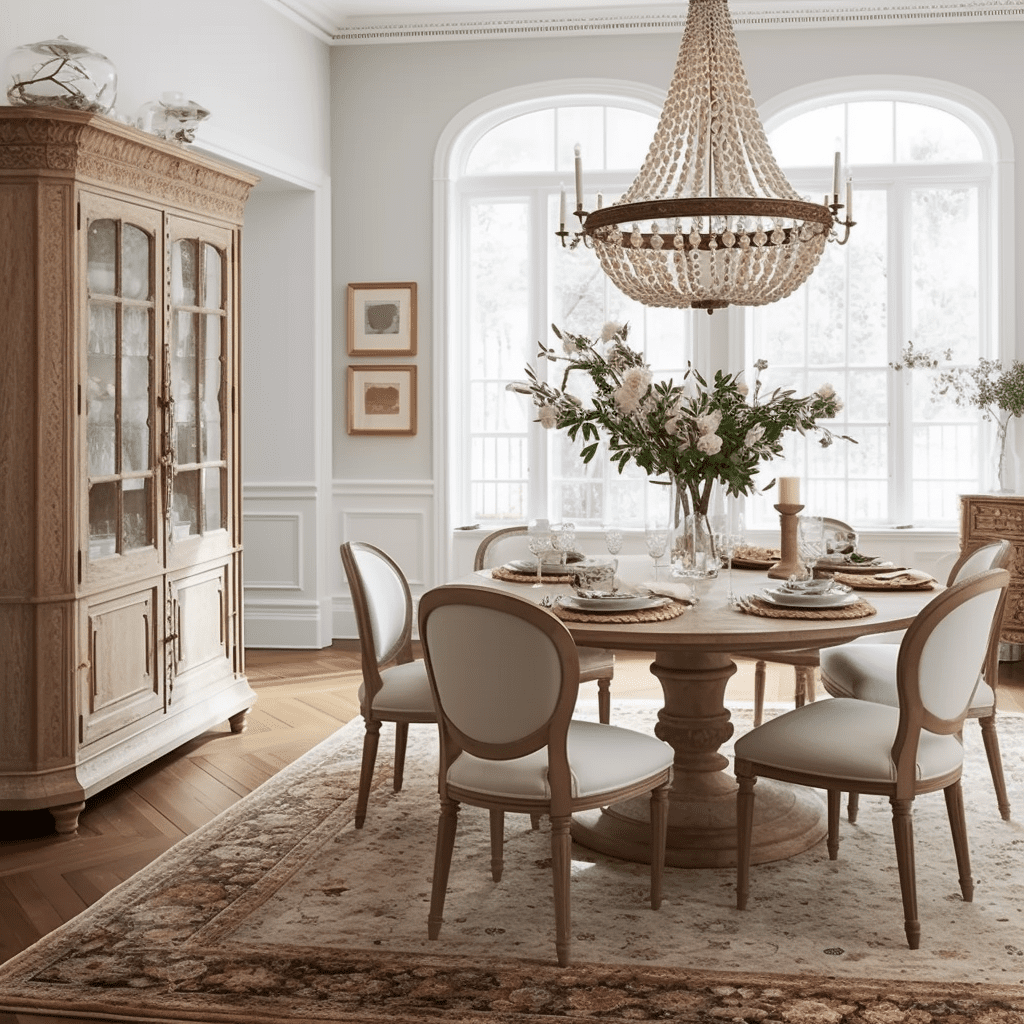 Traditional dining room with a pedestal base table and traditional crystal chandelier