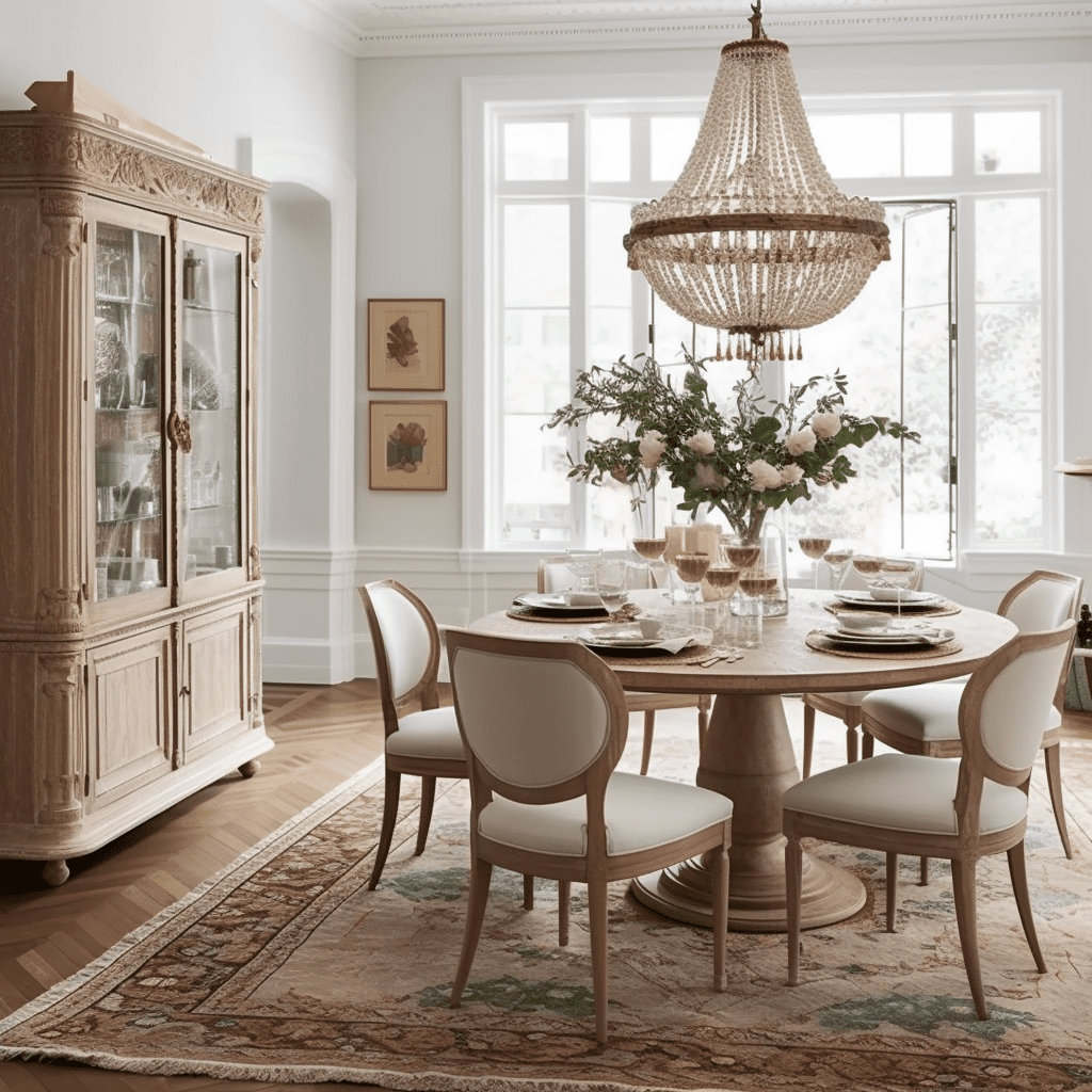 A white dining room with a wood pedestal base dining table and chandelier over the table.