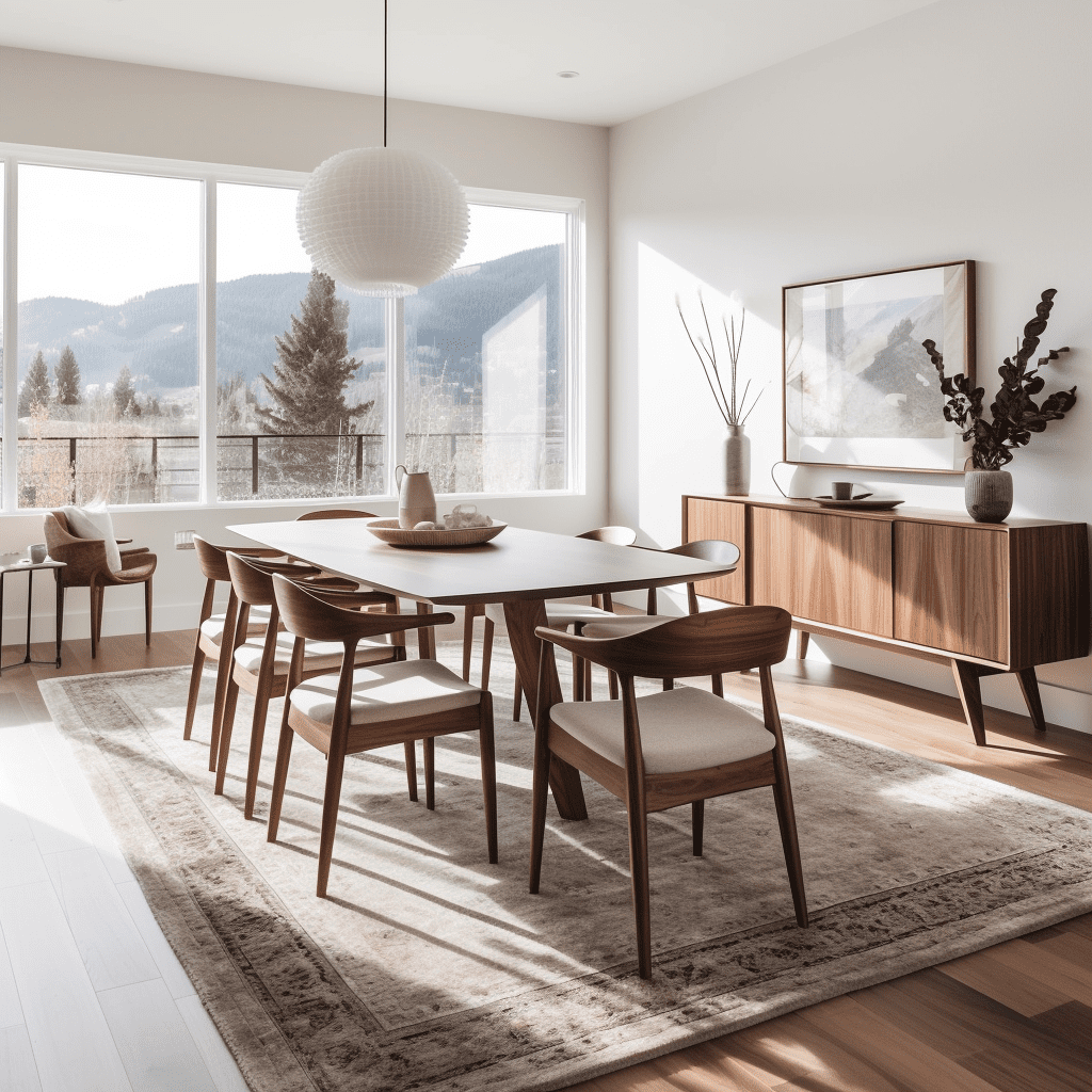 White dining room with mid century modern table and chairs.