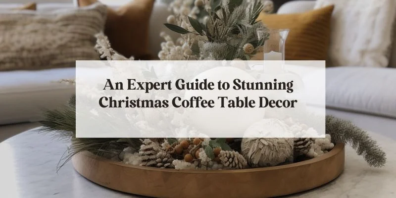 Blog feature image with text "An Expert Guide to Stunning Christmas Coffee Table Decor" over an image of holiday decor on a tray on a coffee table.