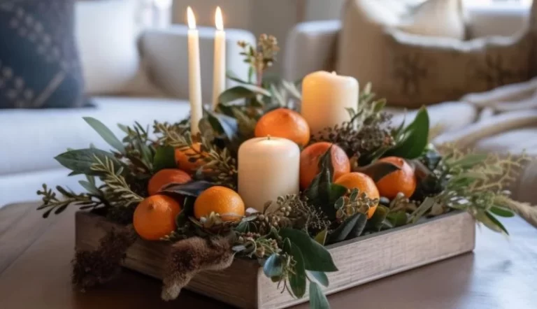 A wood tray with a holiday arrangement with candles, oranges, and garlands on a coffee table.