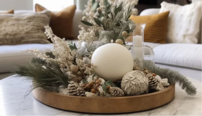 A round wood tray filled with Christmas coffee table decor and greenery