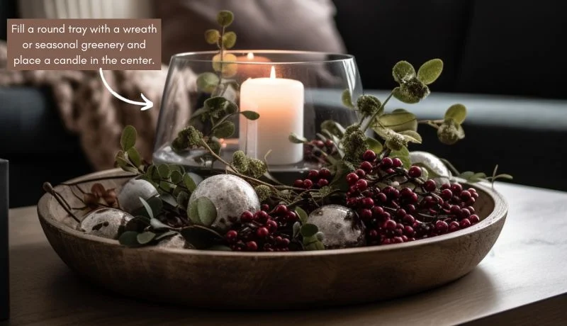 An infographic describing how to arrange a round tray with Christmas coffee table decor.