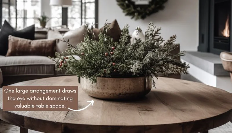 An infographic of a single  Christmas coffee table decor arrangement with text overlaid describing the arrangement technique.