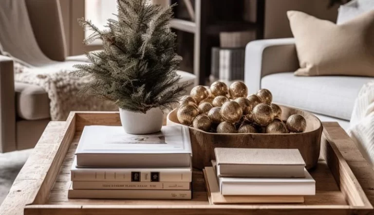 A coffee table with a wood tray holding two stacks of books and Christmas coffee table decor