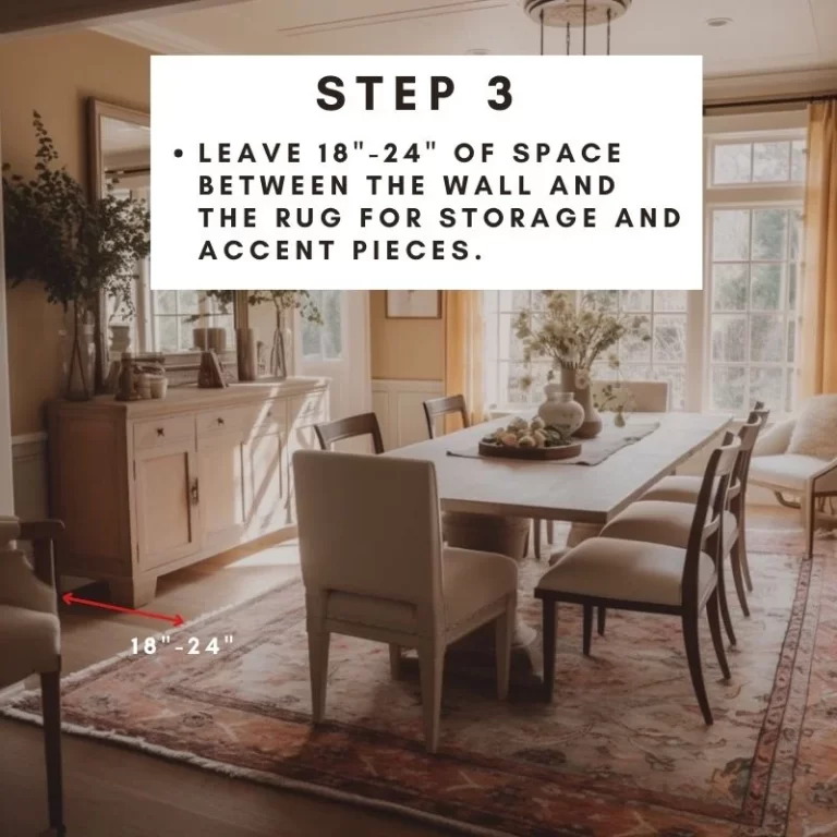 A dining room with text overlay describing how to leave room for accent pieces when measuring for a dining room rug.