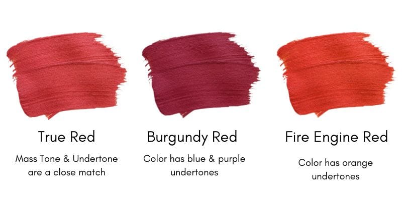 Three swatches of red paint showing different color undertones