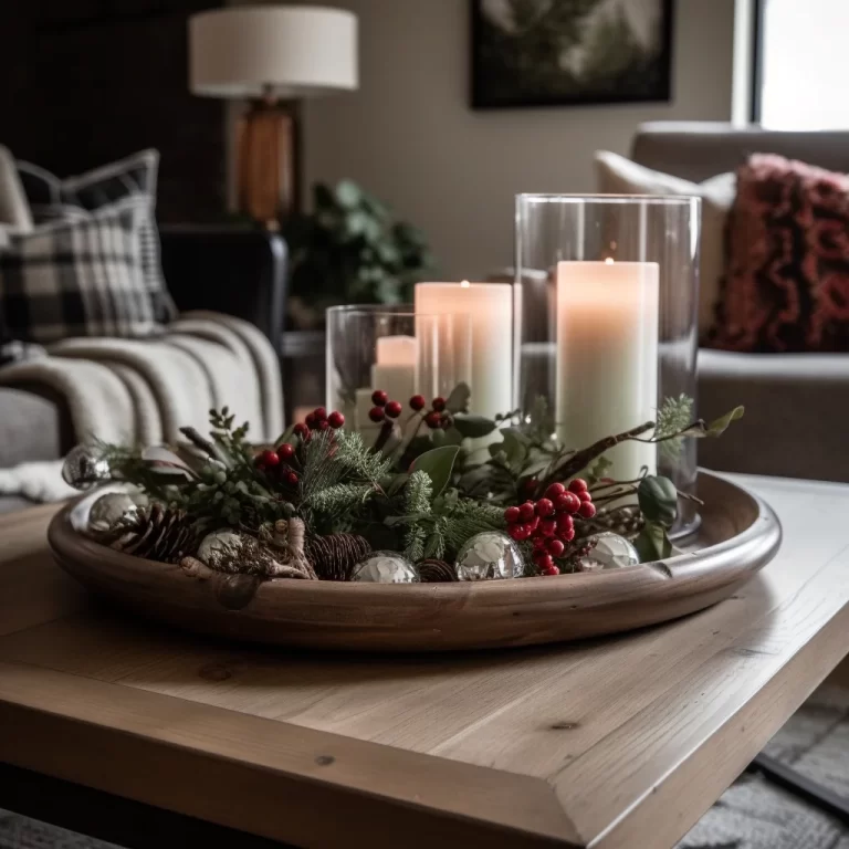 A Christmas coffee table decor centerpiece with a wood tray filled with holly and three candles.