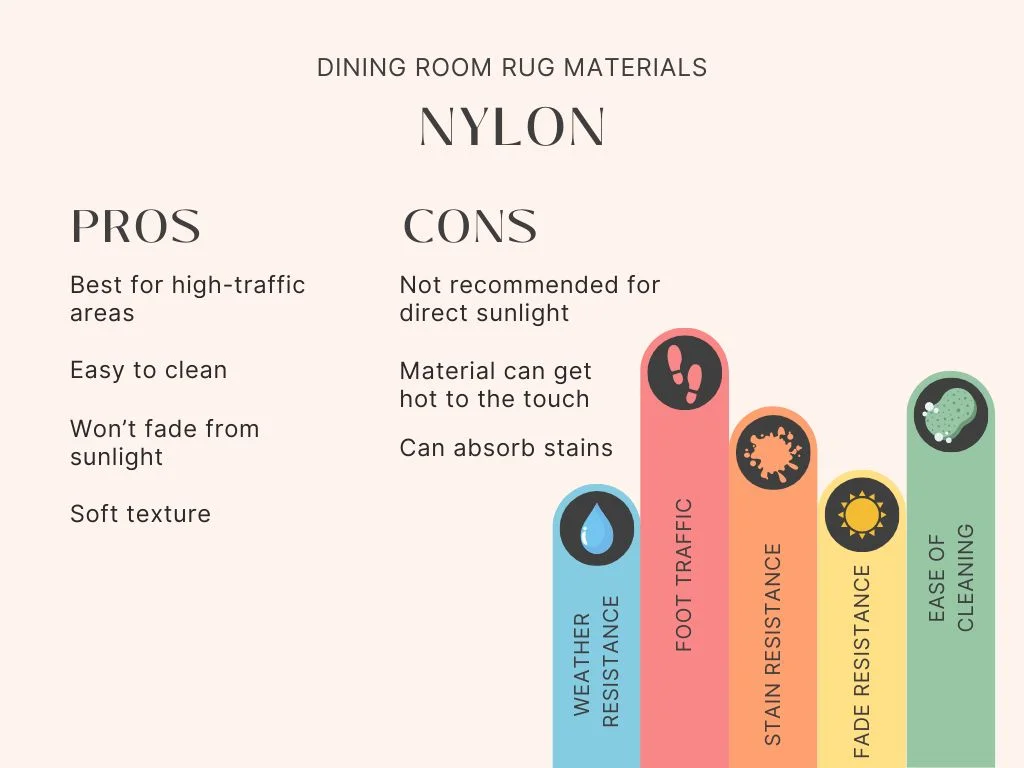 infographic on the pros and cons of nylon materials for dining room rug