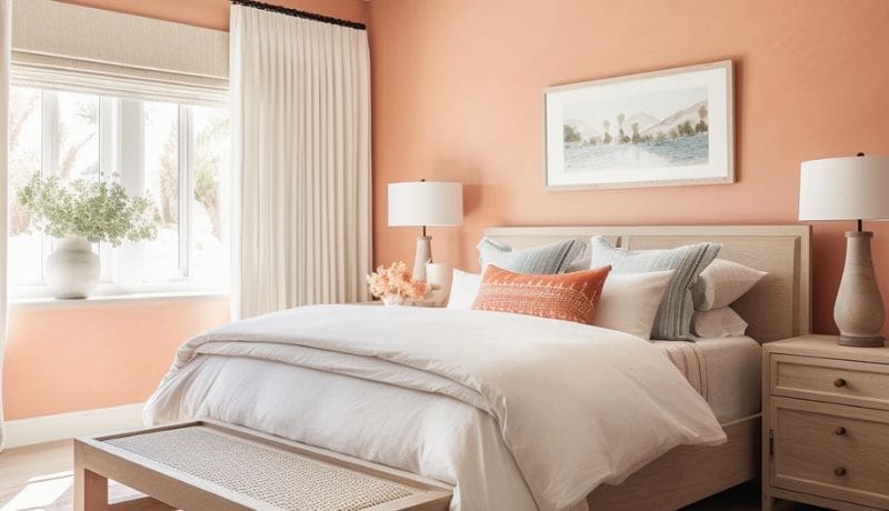 peach colored bedroom walls with white bed and blue and peach throw pillows.