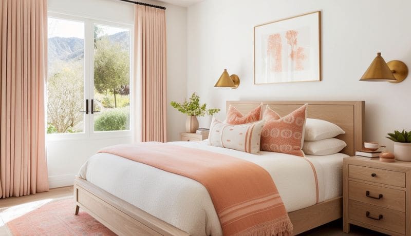 white bedroom with coral curtains, white bed and coral pillows and throw blanket