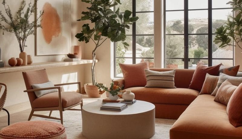 neutral living room with rust orange sectional sofa, wood coffee table, and fig leaf tree in the corner