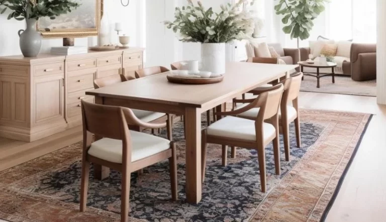 A white dining room with a light wood dining table and chairs and traditional rug