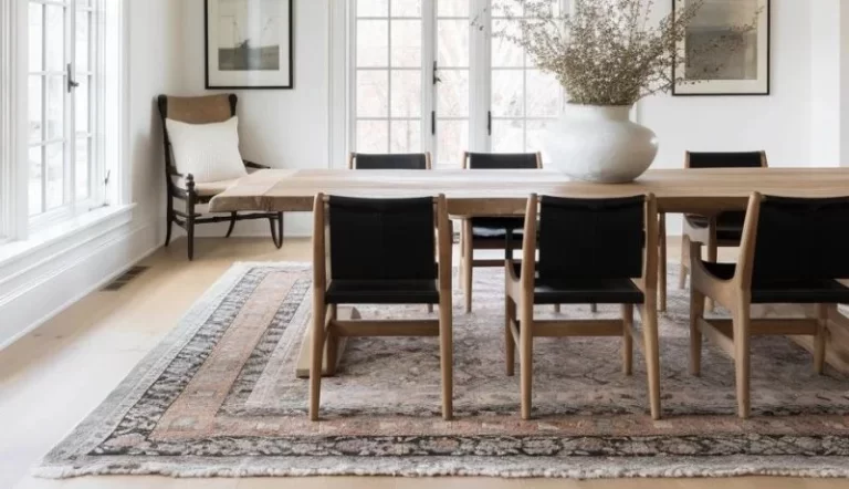 White dining room with wood dining table, wood and black chairs, and a traditional rug