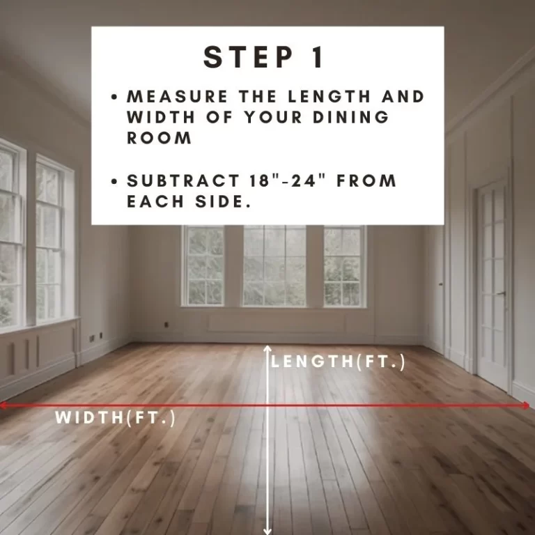an infographic on how to measure a dining room rug in black text in a white box over an image of an empty dining room