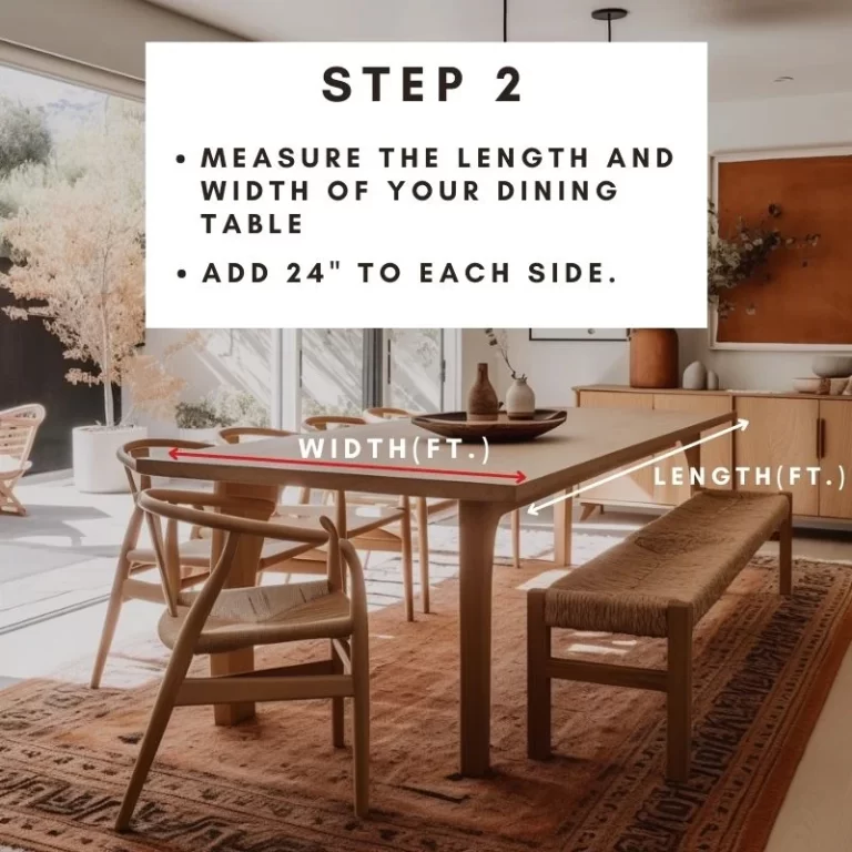 an infographic on how to measure a dining room rug in black text in a white box over an image of a transitional dining room with a wood dining table and neutral rug