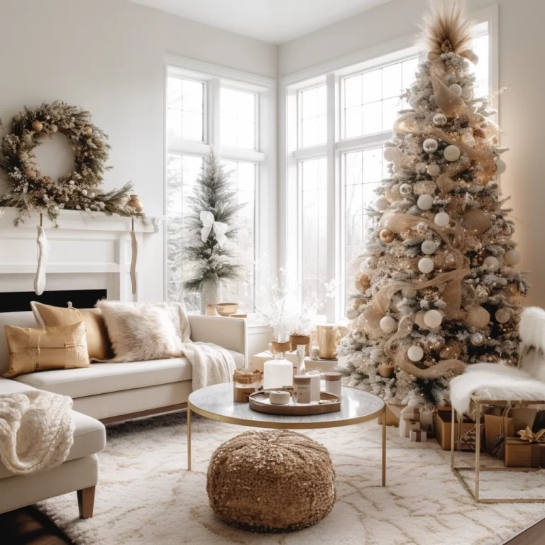 boho christmas decor in a white living room with a christmas tree, sofa, and coffee table.