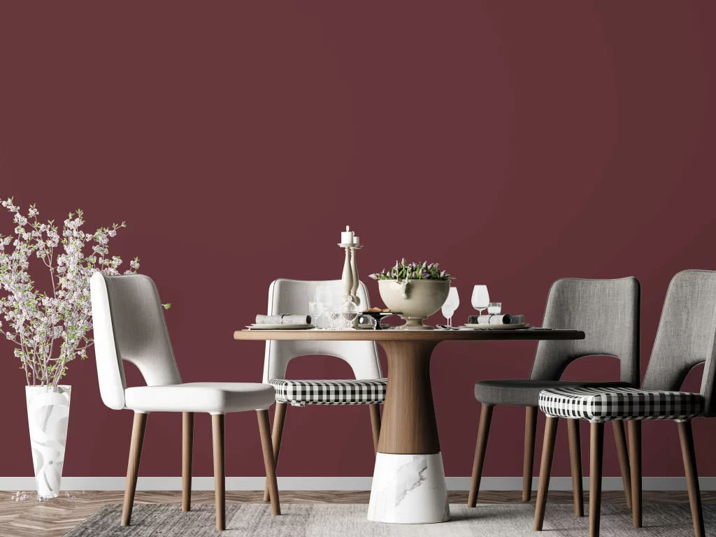 Dining room with Benjamin Moore New London Burgundy wall color