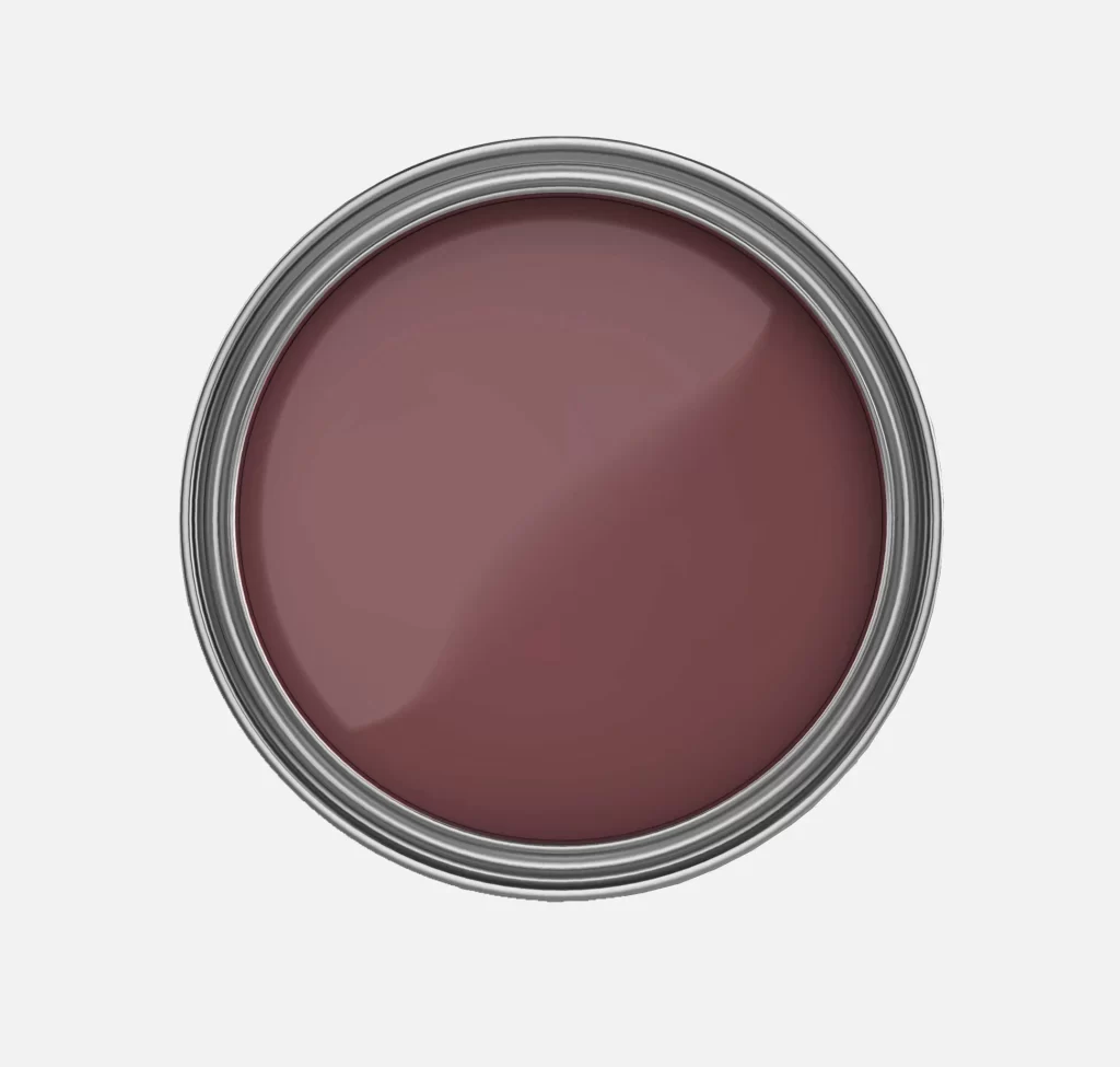 Paint can with Benjamin Moore New London Burgundy on white background