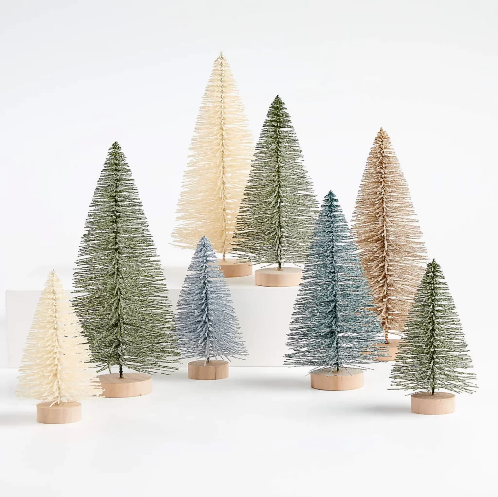 Sage and Silver Bottle Brush Christmas Trees from Crate and Barrel on a white background