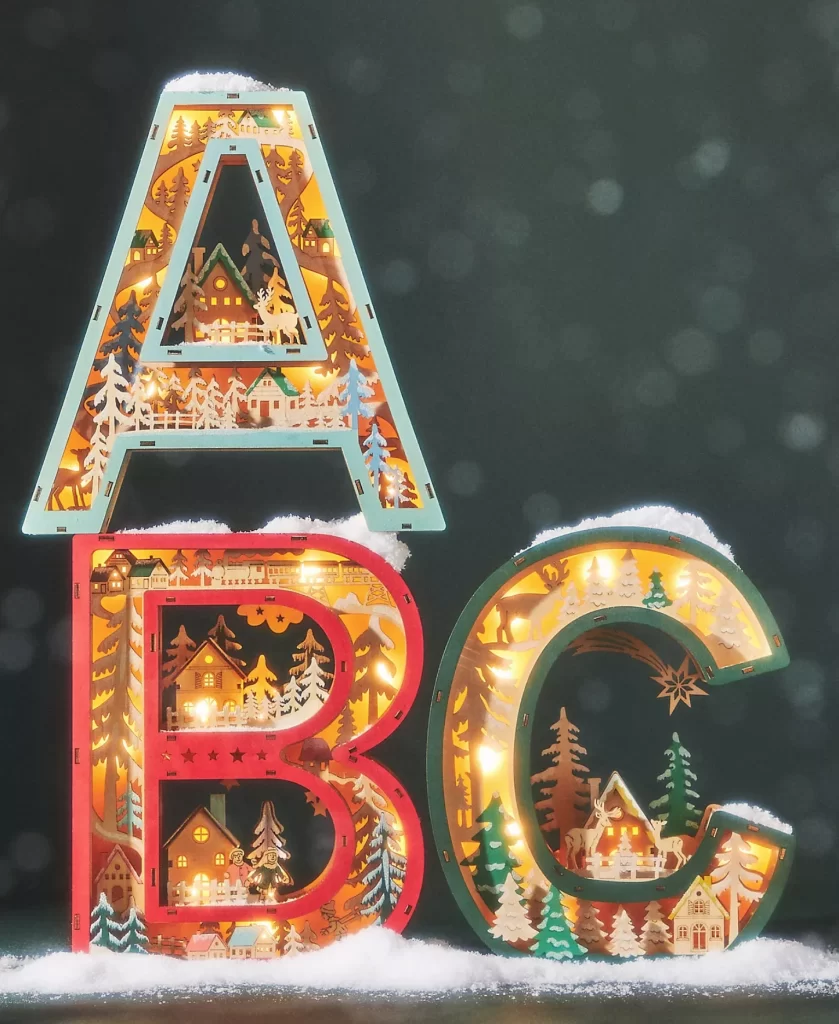 Three Wonderland Scene Monograms in the letters A, B, and C, from Anthropologie on a green background