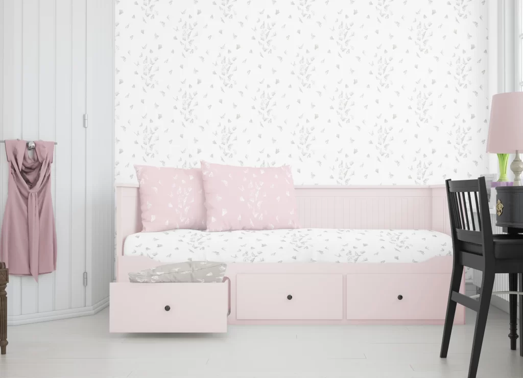 Girls room with blush pink bed and Color Caravan sheets and wallpaper in Butterfly Dance in Mushroom Taupe