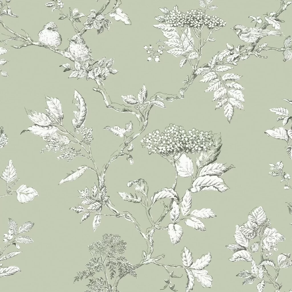 Laura Ashley Elderwood Sage Botanicals Florals Birds Wallpaper