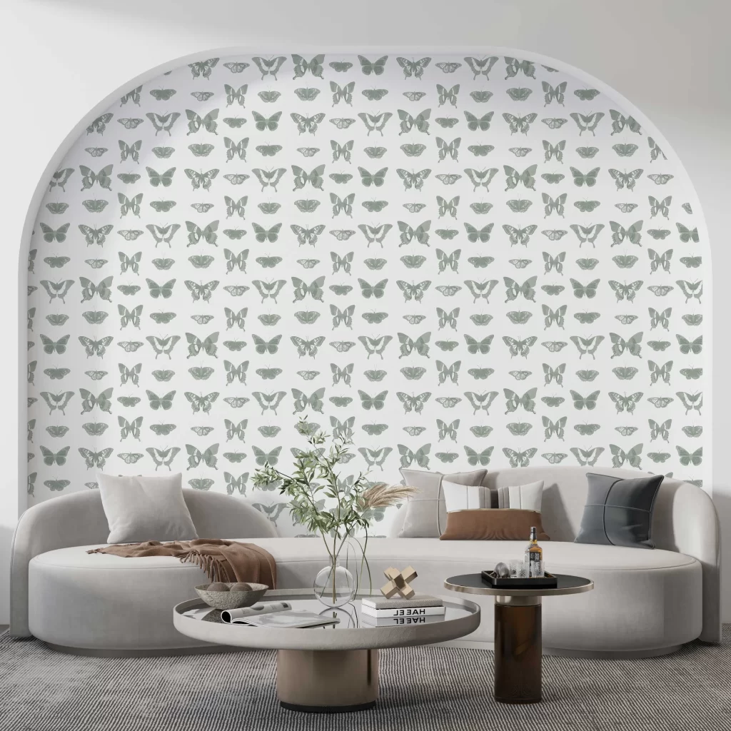 Color Caravan Butterfly March Wallpaper in Moss Green in an arched wall with modern sofa and coffee table.