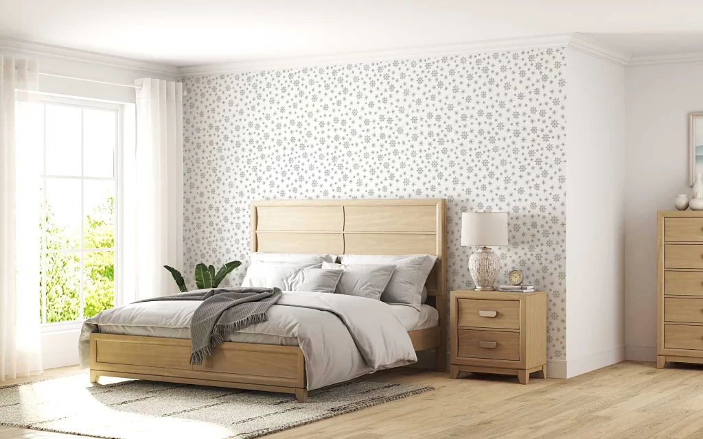 Color Caravan Celest Wallpaper in Moss Green behind a wood frame bed and nightstands. Sage Green Wallpapers