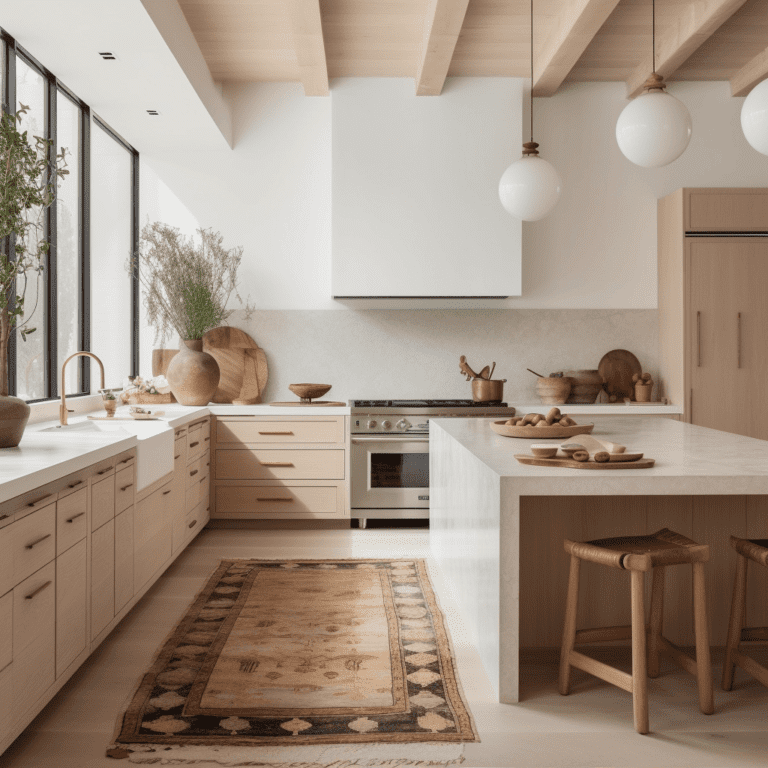 modern kitchen with light wood cabinets and ceiling