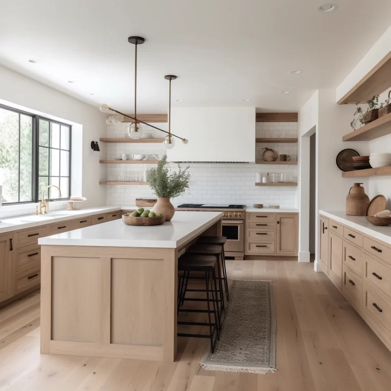 white modern kitchen with light warm wood cabinetry and white tile backsplash