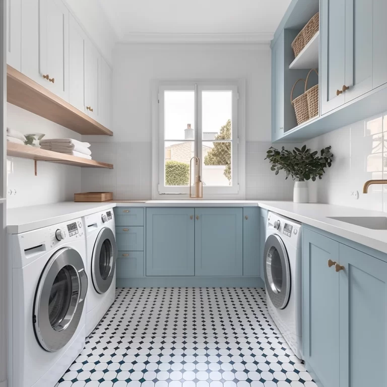 White laundry room with soft blue cabinets and black and white tile