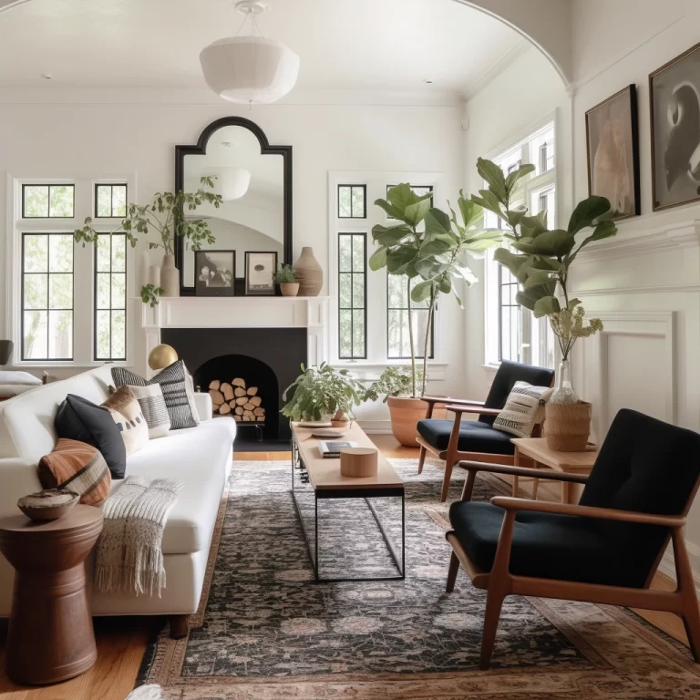 White Living Room with black mirror over a white mantle and white sofa with pair of black chairs