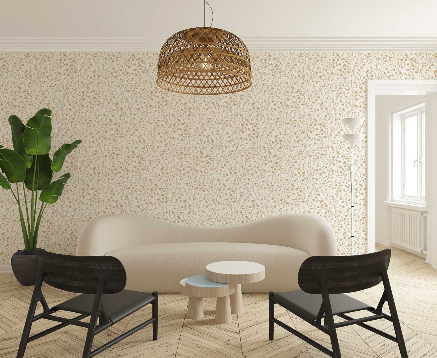 Blossoms Wallpaper in Ochre behind a modern white sofa with two black wood chairs