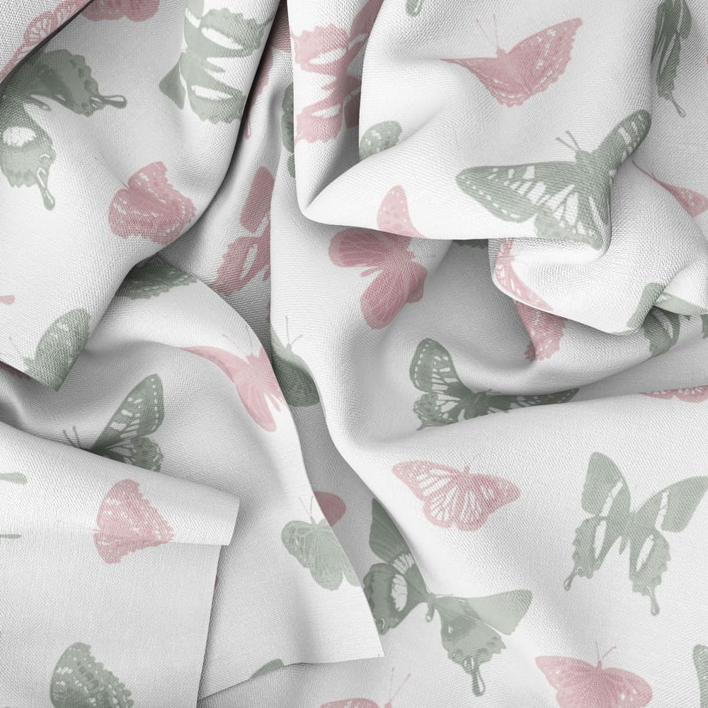 butterfly march textile fabric drape in rose and moss.